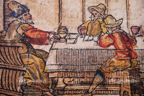 UIG-F-116929-0000 - Jews around a table illustration of a narrative text of the Talmud, engraving, Venice Haggadah, Jerusalem, Israel Museum - Pascal Deloche / Godong / UIG/Alinari Archives