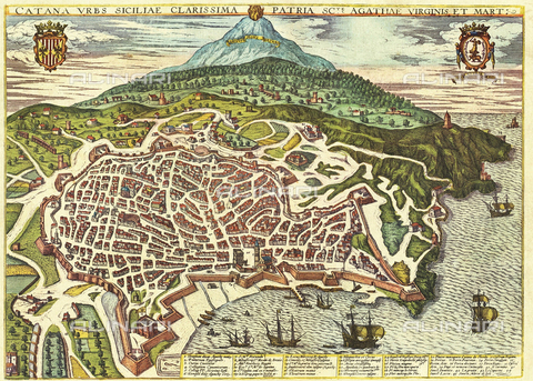 ULL-F-306924-0000 - La città di Catania in Sicilia, incisione, Antonio Stizza, pubblicata in "Civitates orbis terrarum" di Georg Braun (1541-1622) e Franz Hogenberg (1535-1590), vol. V, 1598 - Histopics / Ullstein Bild / Archivi Alinari