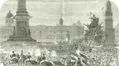 WHA-F-012801-0000 - Guiseppe Garibaldi (1807-1882) accolto dalla folla a Trafalgar Square a Londra durante la sua visita in Inghilterra nel 1864, incisione - World History Archive/Archivi Alinari