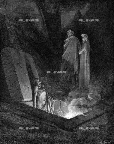 WHA-S-039000-1280 - Dante Alighieri (1265-1321) poeta italiano: 'Inferno' prima parte della sua 'Divina Commedia' (Divina Commedia) illustrata da Gustave Dore 1863. Canto X: Dante, tenendosi vicino alla sua guida Virgilio, appare su uno dei peccatori che brucia all'inferno nelle loro tombe aperte. Incisione xilografica - World History Archive/Archivi Alinari