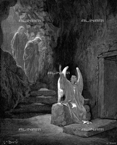 WHA-S-039000-1305 - Angelo mostra a Maria Maddalena e a l'altra Maria la tomba vuota di Cristo. Marco 16,5. Da Gustave Dore illustrato 'Bibbia' 1865-6. Incisione xilografica - World History Archive/Archivi Alinari