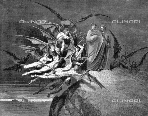 WHA-S-039000-2072 - Dante e Virgilio afflitti dai demoni al loro passaggio attraverso l'ottavo cerchio. Illustrazione (1861) di Gustave Dore per Dante 'Inferno', Canto XXI. Incisione - World History Archive/Archivi Alinari