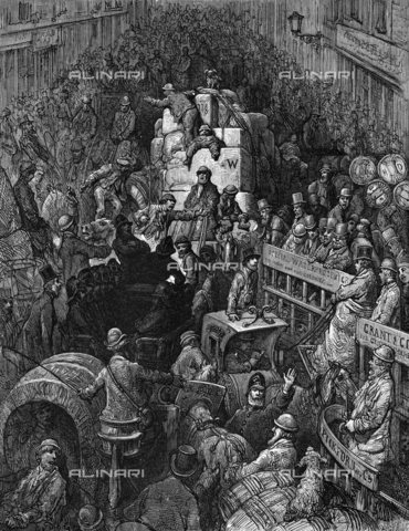 WHA-S-039000-2080 - Una città transitabile ': Da Gustave Dore e Blanchard Jerrold' London: A Pilgrimage 'London 1872. Scena di congestione del traffico caotico con un poliziotto di Londra che cerca di tenere veicoli in movimento. Incisione - World History Archive/Archivi Alinari