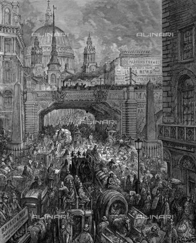 WHA-S-039000-2081 - Ludgate Hill ': Da Gustave Dore e Blanchard Jerrold' London: A Pilgrimage 'London 1872. Scene di congestione del traffico in un viadotto ferroviario (al centro), e la cupola di San Paolo. Incisione - World History Archive/Archivi Alinari