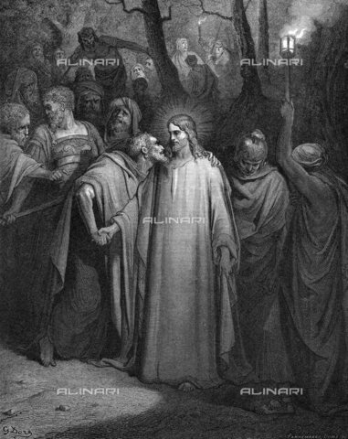 WHA-S-039000-3707 - Judas betraying Christ with a kiss. Matthew 26.9. Illustration by Gustave Dore (1832-1883) French painter and illustrator fro 'The Bible' (London 1866). Wood engraving. - World History Archive/Archivi Alinari