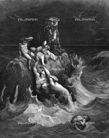 WHA-S-039000-3708 - The Deluge'. The last frantic attempts to cling to life.  'And all flesh died that moved upon the earth....'   Genesis 7.22.  Illustration by Gustave Dore French painter and illustrator for 'The Bible' (London 1866). Wood engraving. - World History Archive/Archivi Alinari