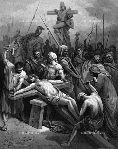 WHA-S-039000-3719 - Crucifixion'. Jesus nailed to the cross. St John 19.18.  Iullustration by Gustave Dore (1832-1883) for 'The Bible' (London 1866). Wood engraving. - World History Archive/Archivi Alinari