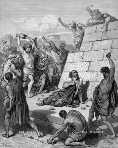 WHA-S-039000-3752 - St Stephen, the first Christian martyr, found guilty of blasphemy by the Sanhedrin, supreme council of the Jews and stoned to death. Acts 7.57. Illustration by Gustave Dore (1832-1883) French artist and illustrator for 'The Bible' (London 1866). Wood engraving. - World History Archive/Archivi Alinari