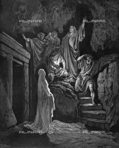 WHA-S-039000-4297 - Jesus raising Lazarus from his tomb. John 2:43 From Gustave Dore illustrated 'Bible' 1865-1866. Wood engraving - World History Archive/Archivi Alinari