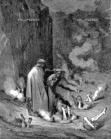 WHA-S-039000-4301 - Dante, guided by Virgil, in third gulf of the eighth circle, observes those guilty of simony suffering burning, buried head first with just legs and feet exposed. Gustave Dore illustrated Dante 'Inferno' 1863. Canto XIX - World History Archive/Archivi Alinari