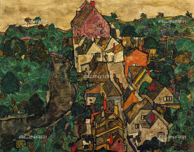 Città e fiume (Paesaggio di Krumau) - Stadt und Fluss - Krumauer Landschaft, dipinto di Egon Schiele conservato nella Neue Galerie der Stadt Linz, Wolfgang Gurlitt-Museum, Linz - ALINARI